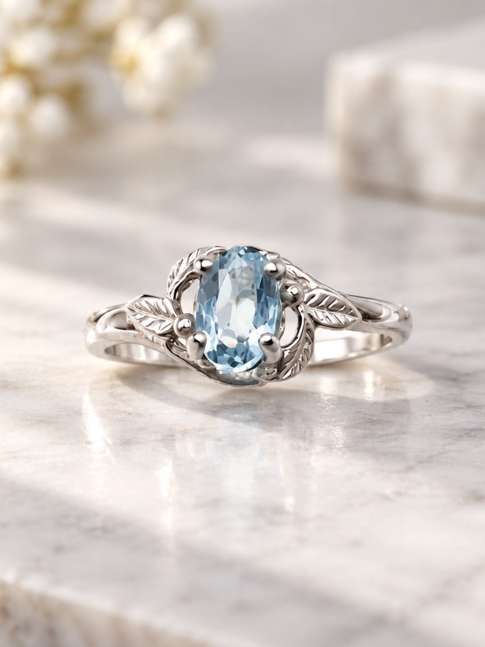 Size 6.5 Blue Topaz Leaf design 925 sterling silver ring